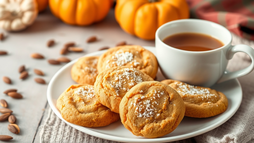 Soft pumpkin butter cookies on a plate with coffee, surrounded by autumn decorations.